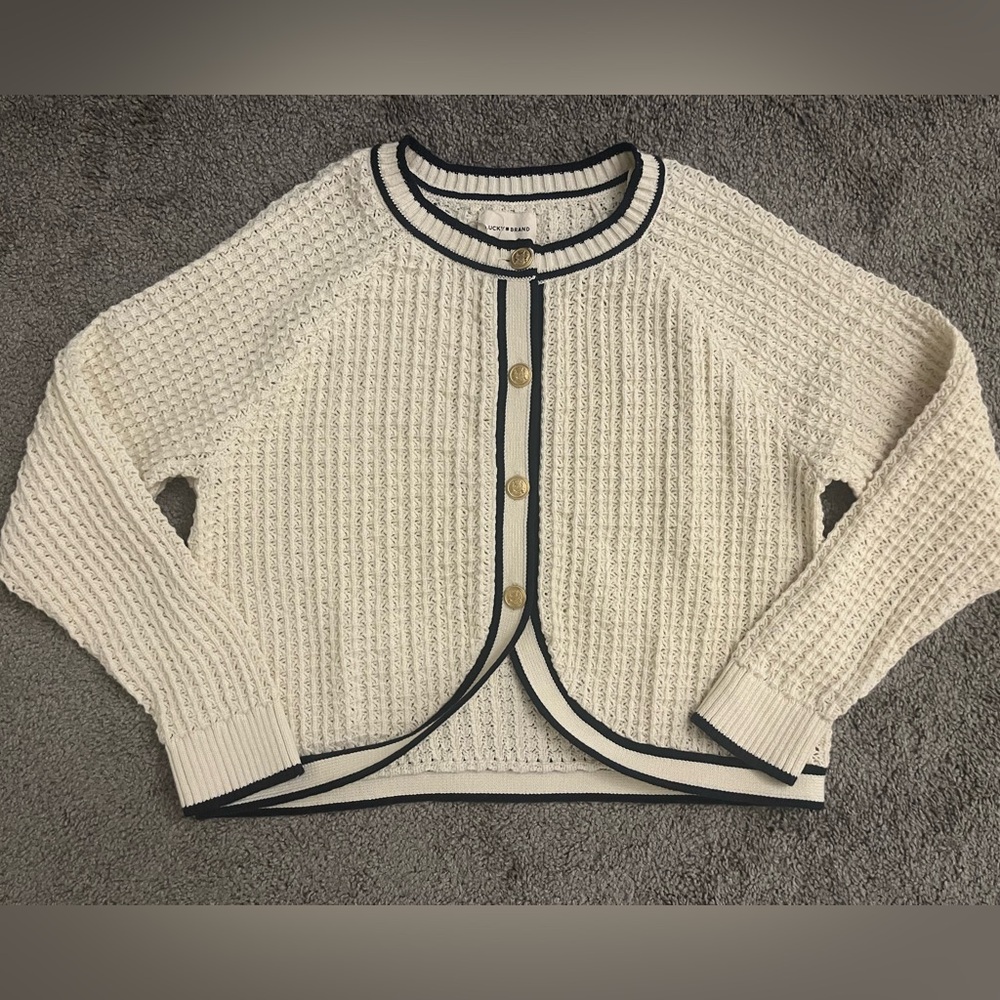 Lucky Brand Cream Cardigan with Navy Trim